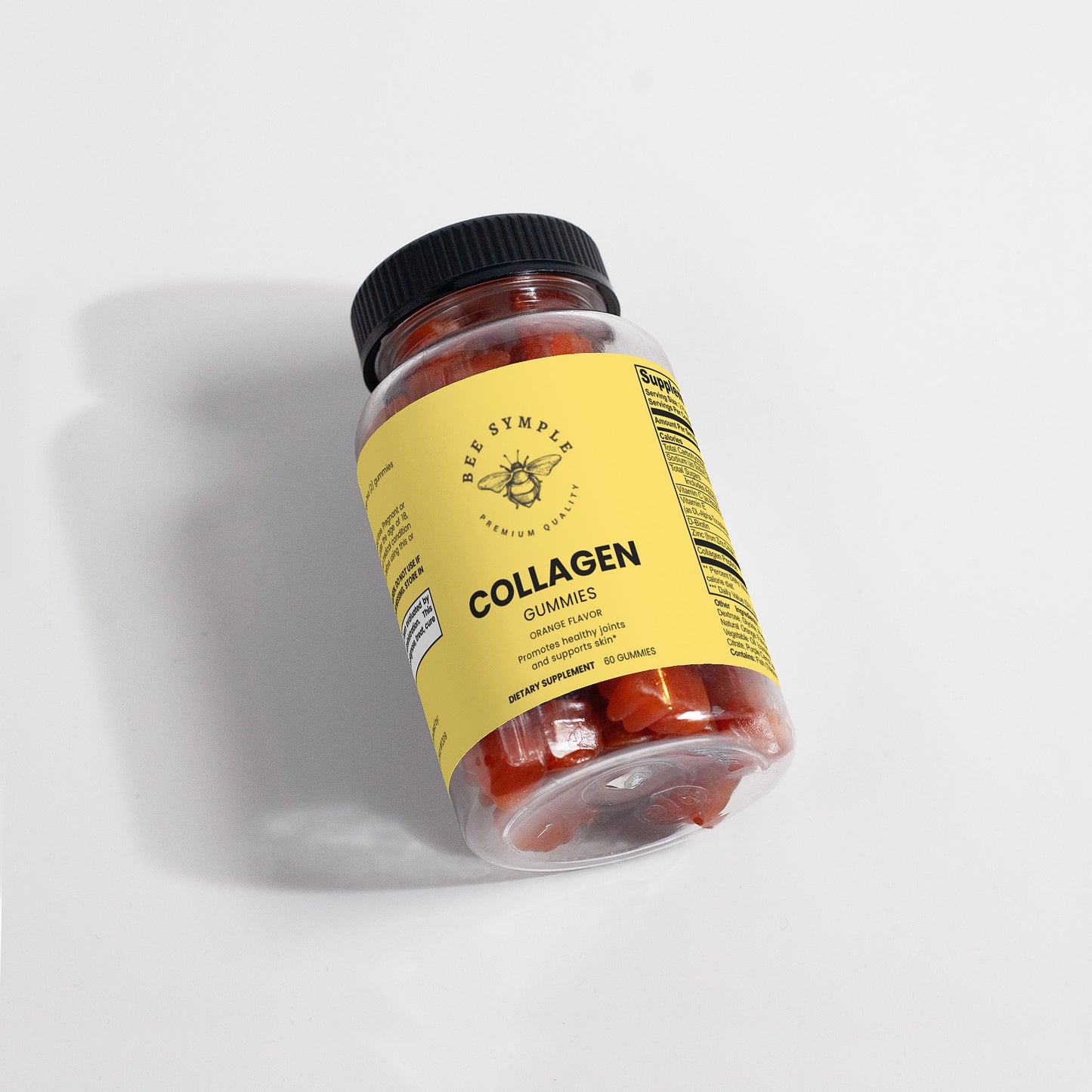 Jar of collagen gummies with a yellow label on a light gray background