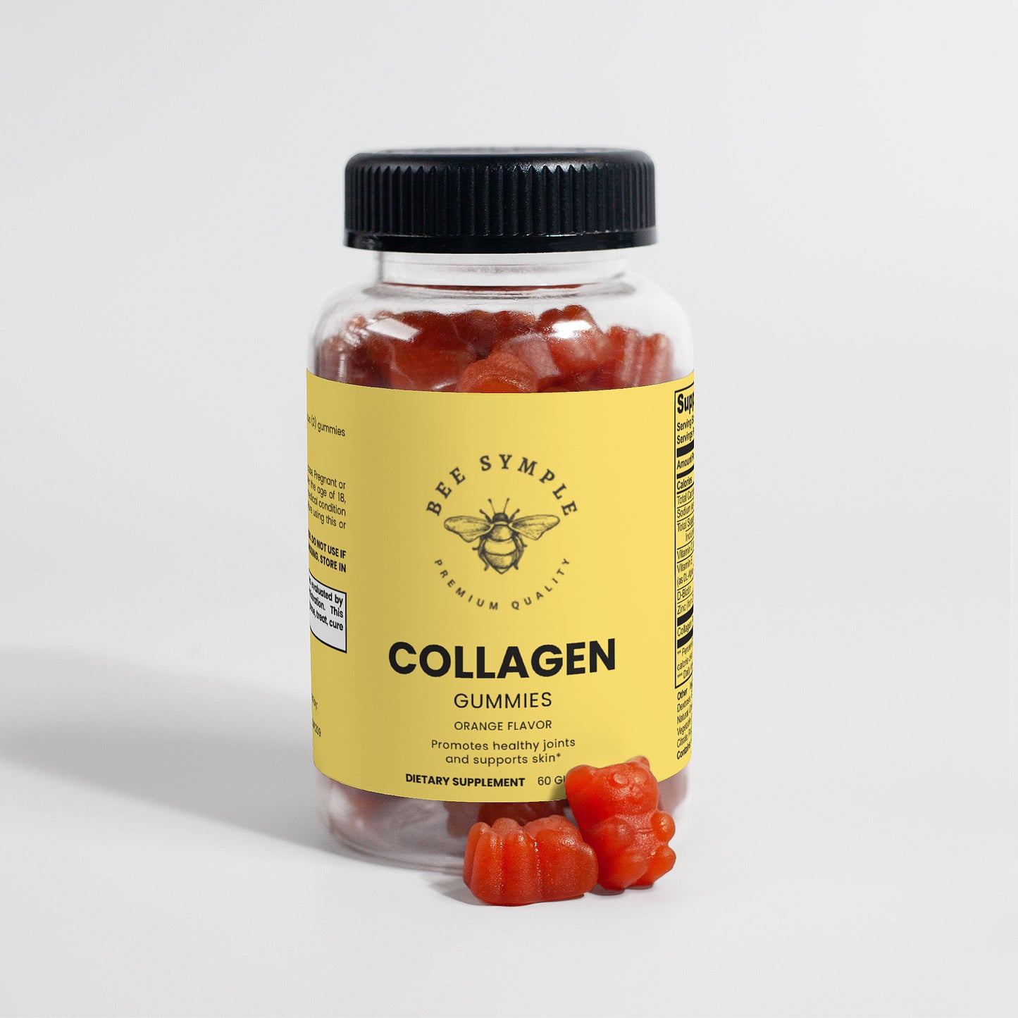 Bottle of Bee Symple Collagen Gummies with a yellow label on a light gray background