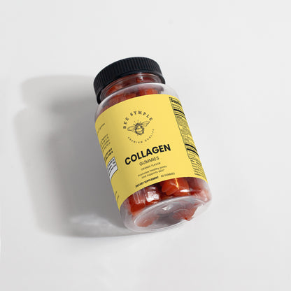 Jar of collagen gummies with a yellow label on a light gray background